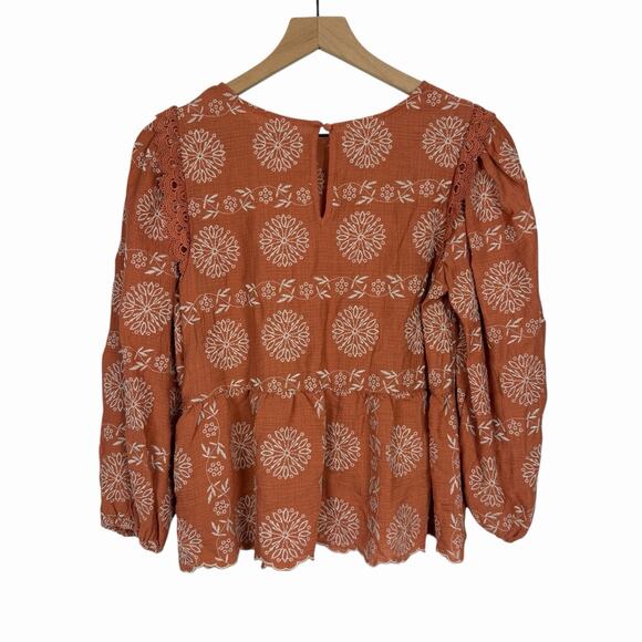 BLU PEPPER Womens Clay Orange Embroidered Peasant Blouse Top Small Boho - Picture 4 of 12
